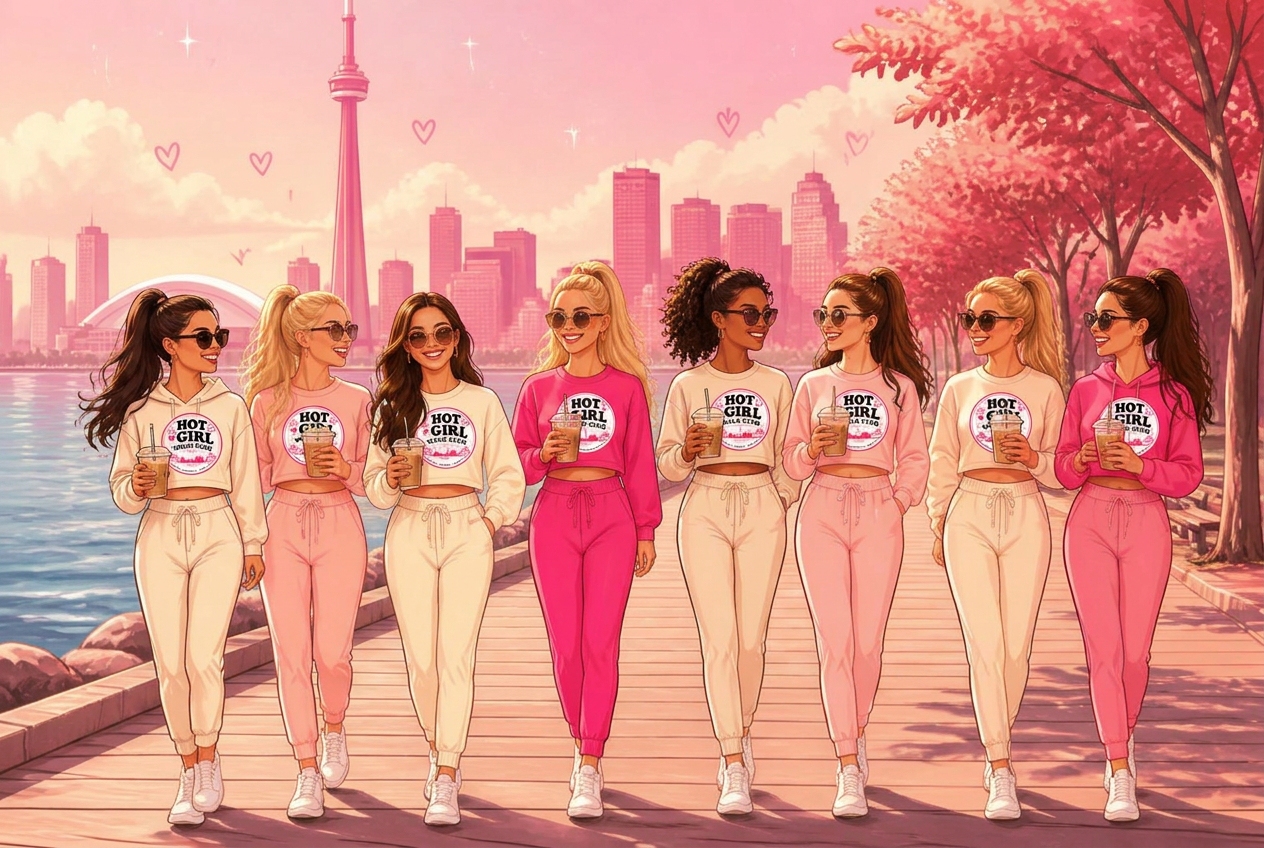 Illustration of a group of stylish women walking together along the Toronto waterfront with the CN Tower and pink skyline behind them